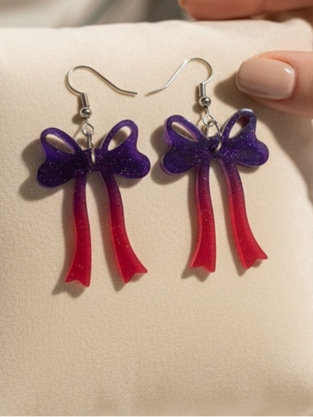 Handmade Purple Pink Ombré Bow Resin Dangle Statement Earrings - Picture 1 of 6